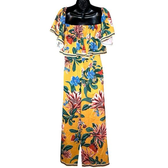 Lulus Women’s Honolulu Golden Yellow Floral Print Off Shoulder Jumpsuit Size S - Picture 4 of 8